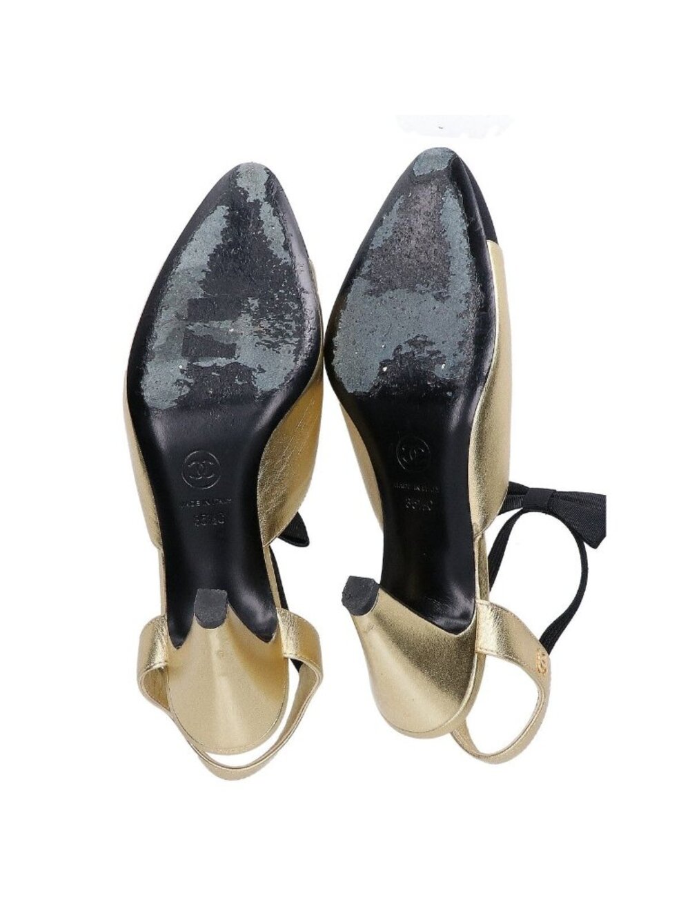 Chanel Gold Black Ribbon CC Logo Pumps 35 Heel - Picture 6 of 7